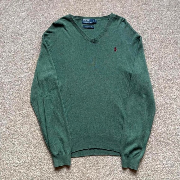 Vintage Green‎ Polo by Ralph Lauren 100% Pima Cotton V-Neck Sweater Medium - Picture 1 of 4